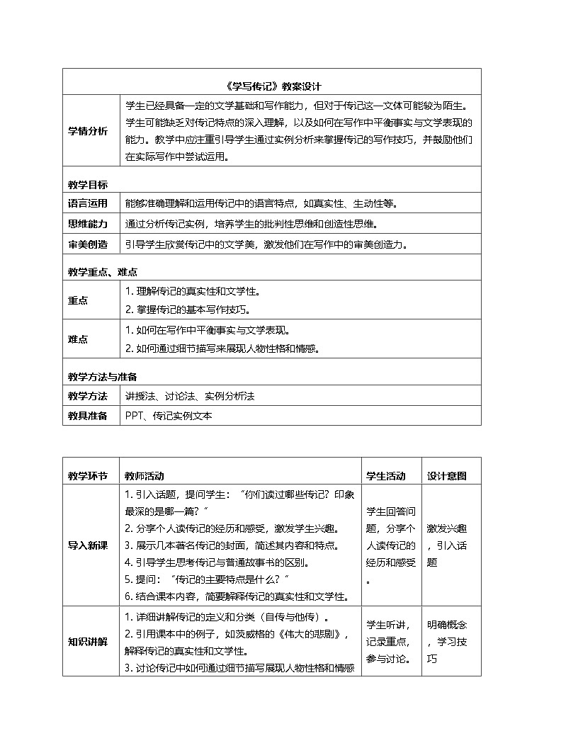 第二单元写作《学写传记》教案设计八年级语文上册部编版第1页