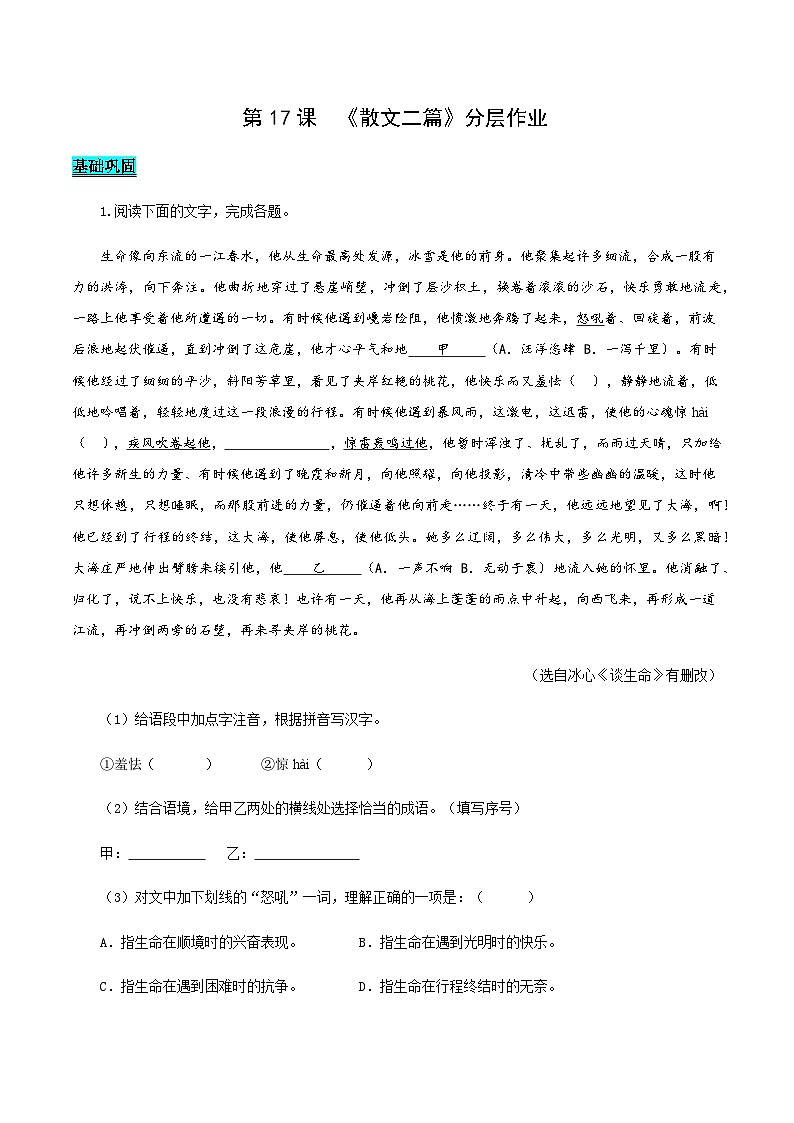 第17课 散文二篇（《永久的生命》《我为什么而活着》）（分层作业）（解析版）第1页