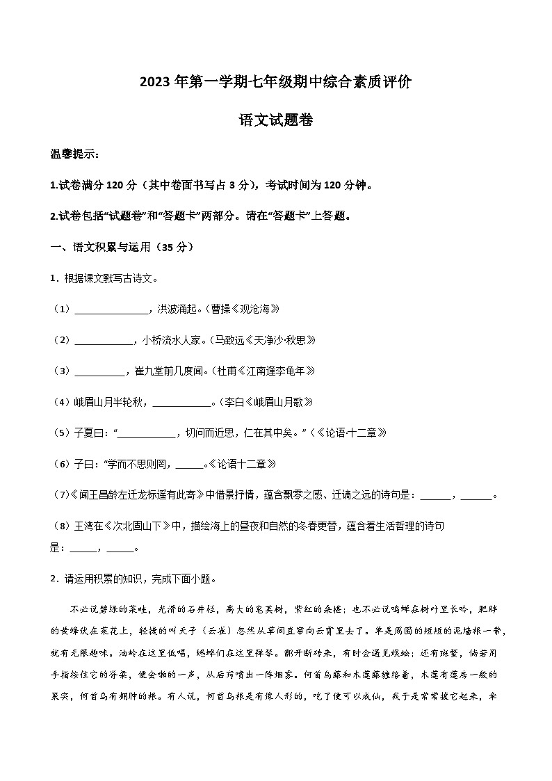 六安市第九中学2023-2024学年七年级上学期期中语文试题第1页