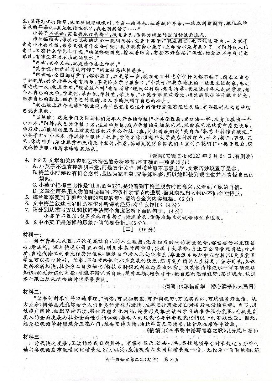 【9语期中】安庆市桐城市2023-2024学年九年级上学期11月期中考试语文试题第3页
