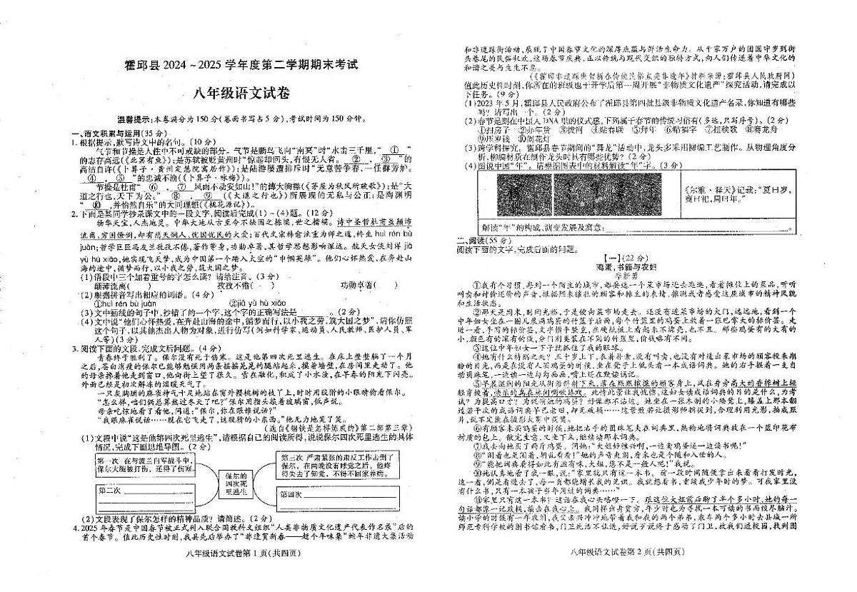 安徽省六安市霍邱县2024-2025学年八年级下学期6月期末考试语文试卷（pdf版，含答案）第1页
