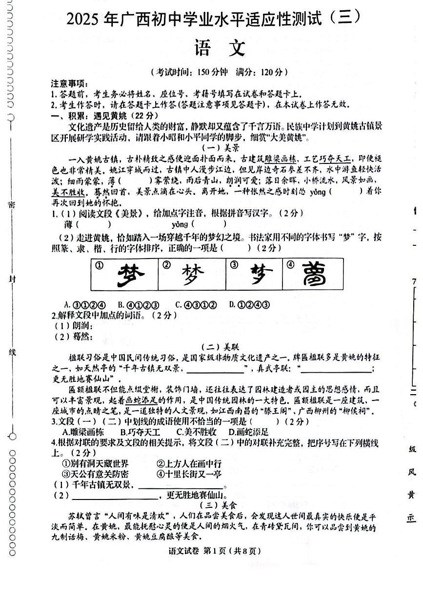 广西壮族自治区贺州市昭平县2025届九年级下学期中考三模语文试卷（pdf版，含答案）第1页