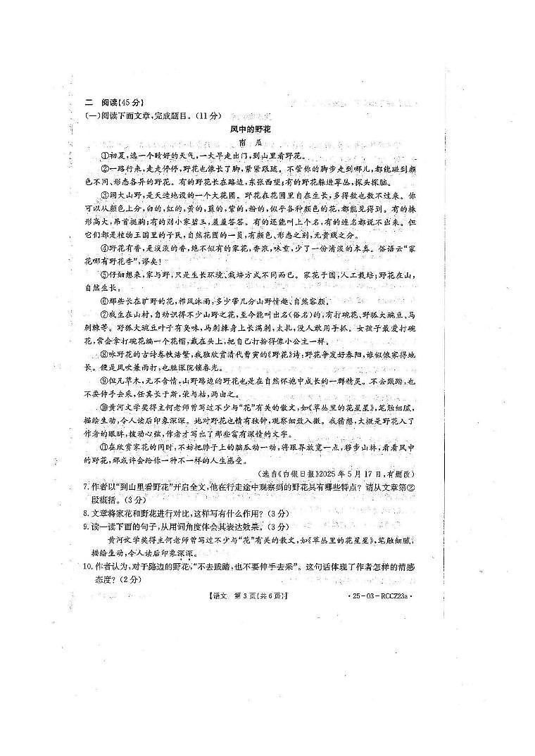 甘肃省白银市2024-2025学年七年级下学期期末考试语文试卷第3页