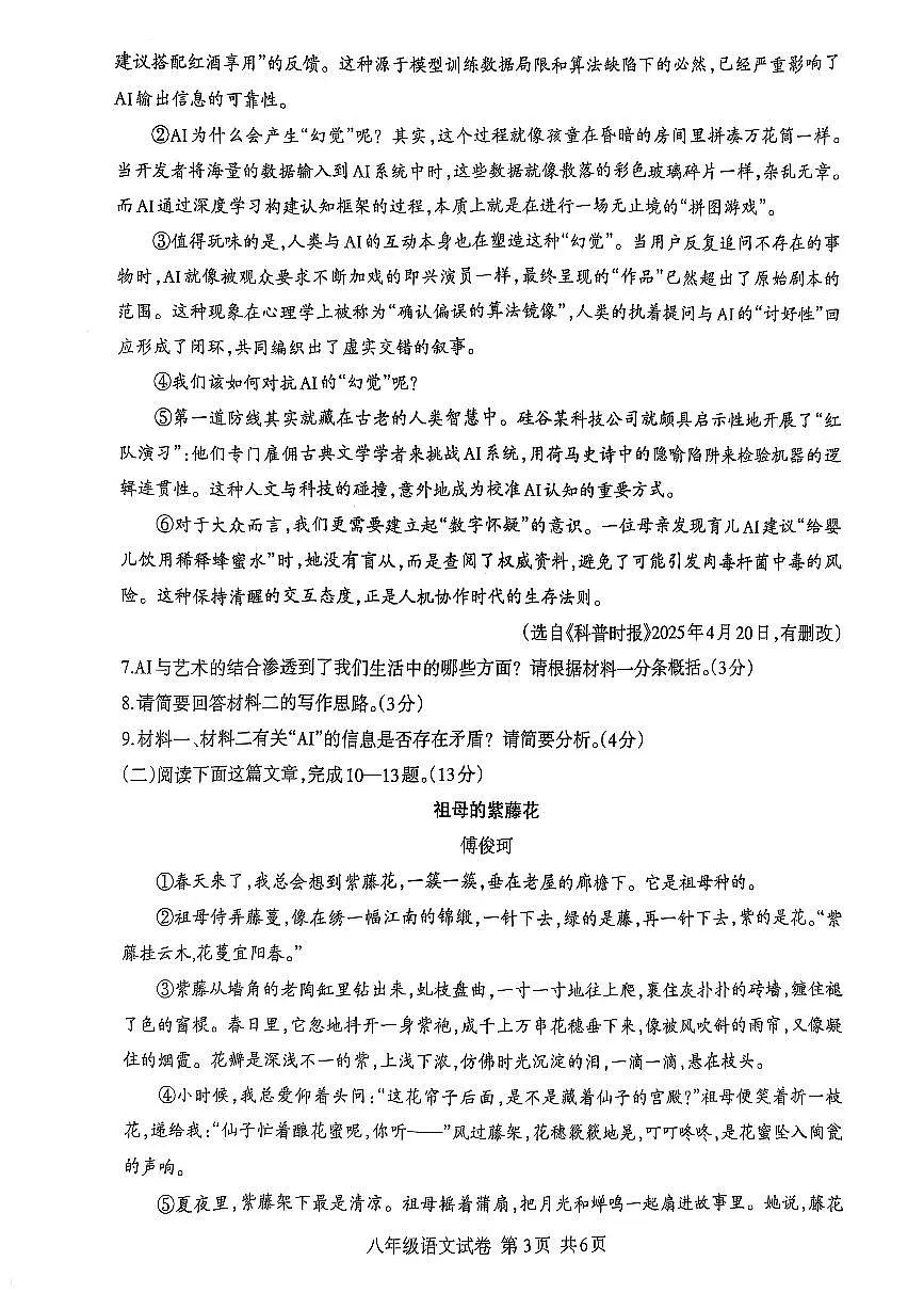 四川省泸州市泸县2024-2025学年八年级下学期6月期末考试 语文试题第3页