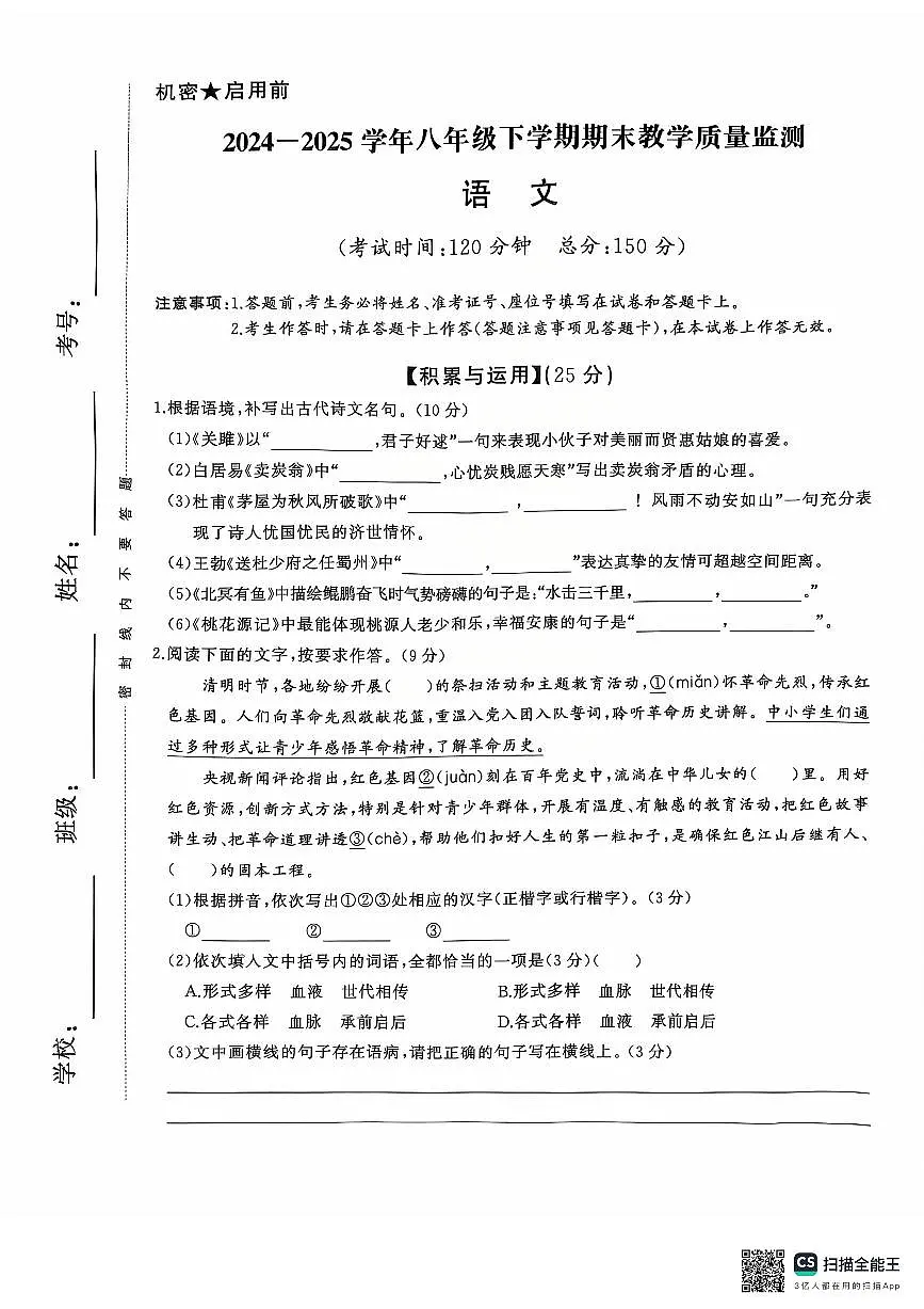 福建省泉州市台商区2024-2025学年八年级下学期 语文期末统考试卷第1页