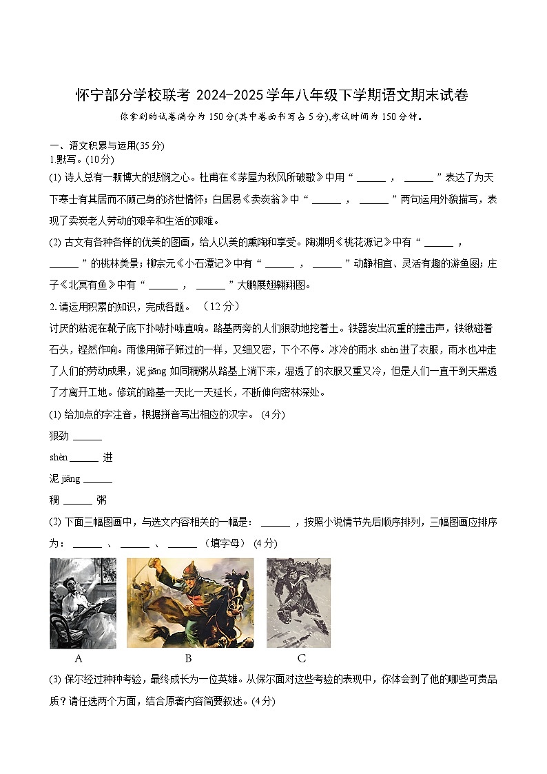 安徽省安庆市怀宁部分学校2024-2025学年八年级下学期6月期末考试语文试卷（含答案）第1页