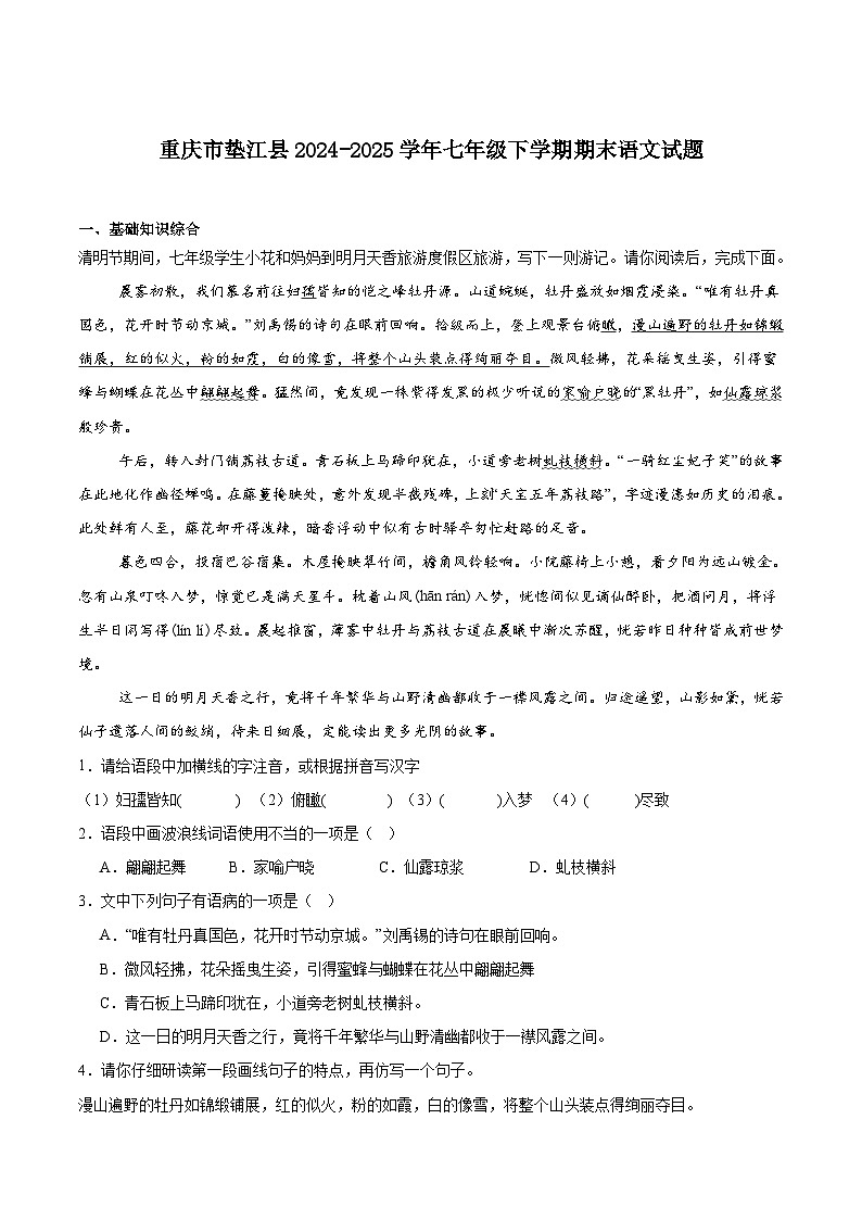 重庆市垫江县2024-2025学年七年级下学期期末考试语文试卷（含答案）第1页