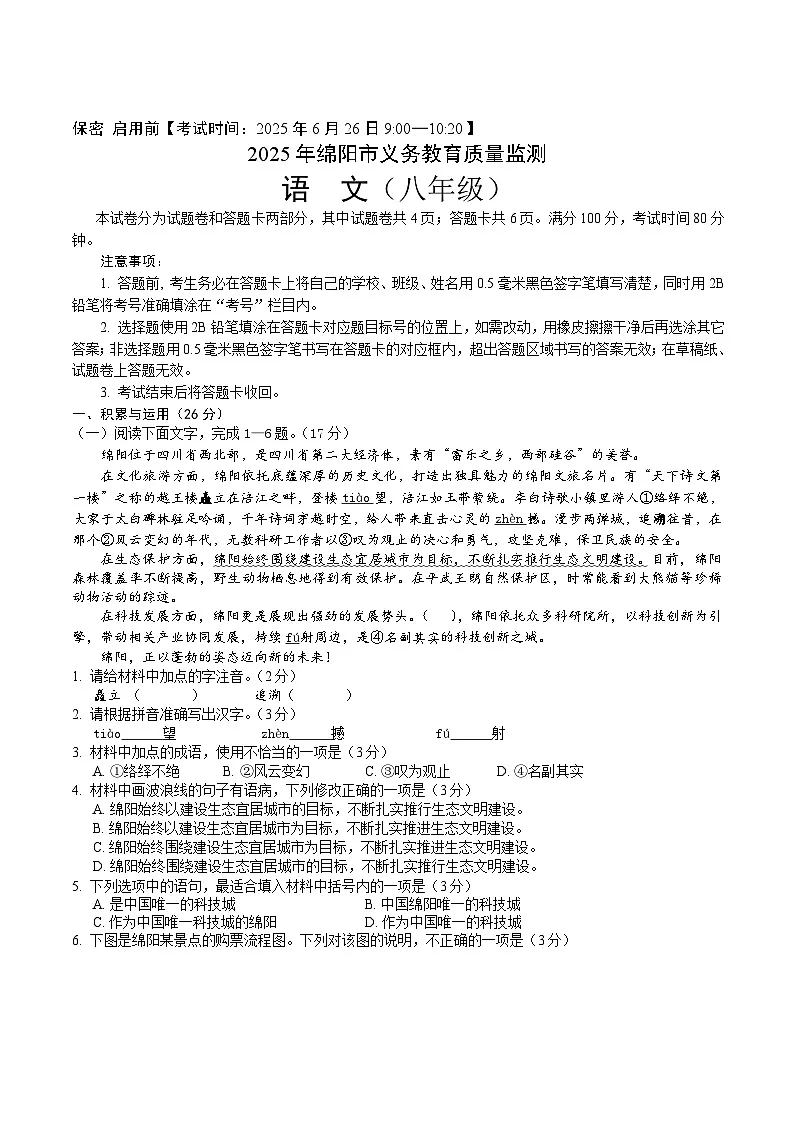 四川省绵阳市2024-2025学年八年级下学期期末考试语文试卷（含答案）第1页