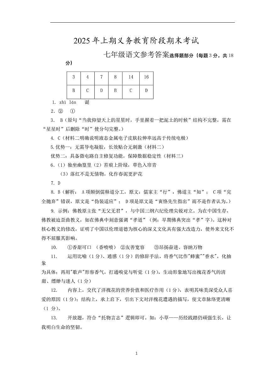 七年级语文参考答案第1页