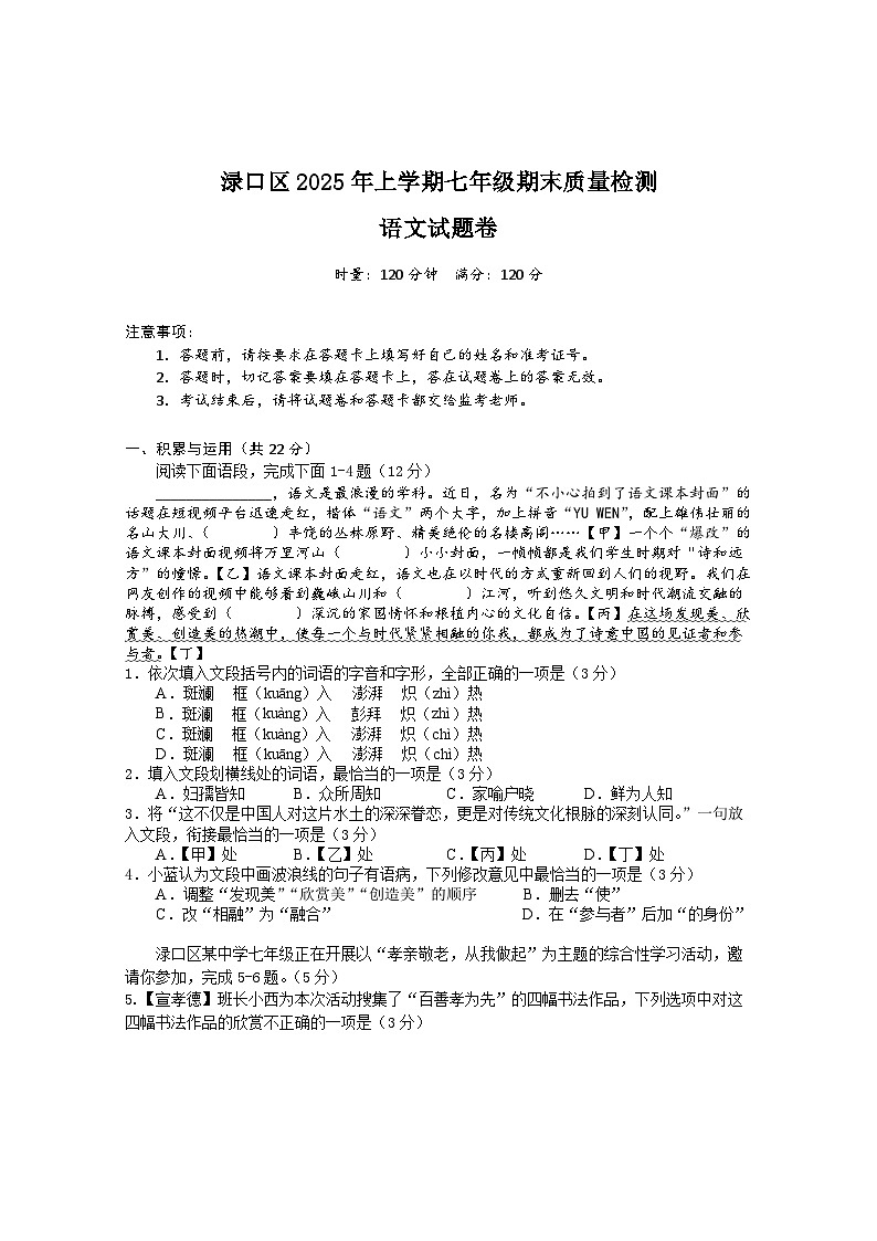 湖南省株洲市渌口区2024-2025学年七年级下学期期末考试 语文试题第1页