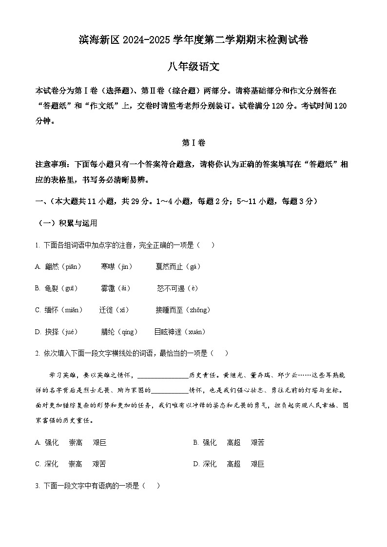 天津市滨海新区2024-2025学年八年级下学期期末语文试题第1页