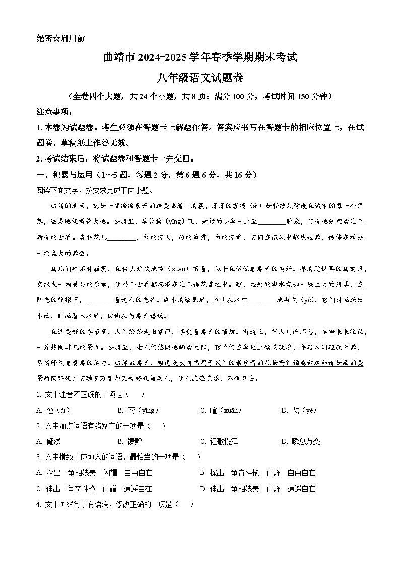 云南省曲靖市2024-2025学年八年级下学期期末语文试题（含答案）第1页