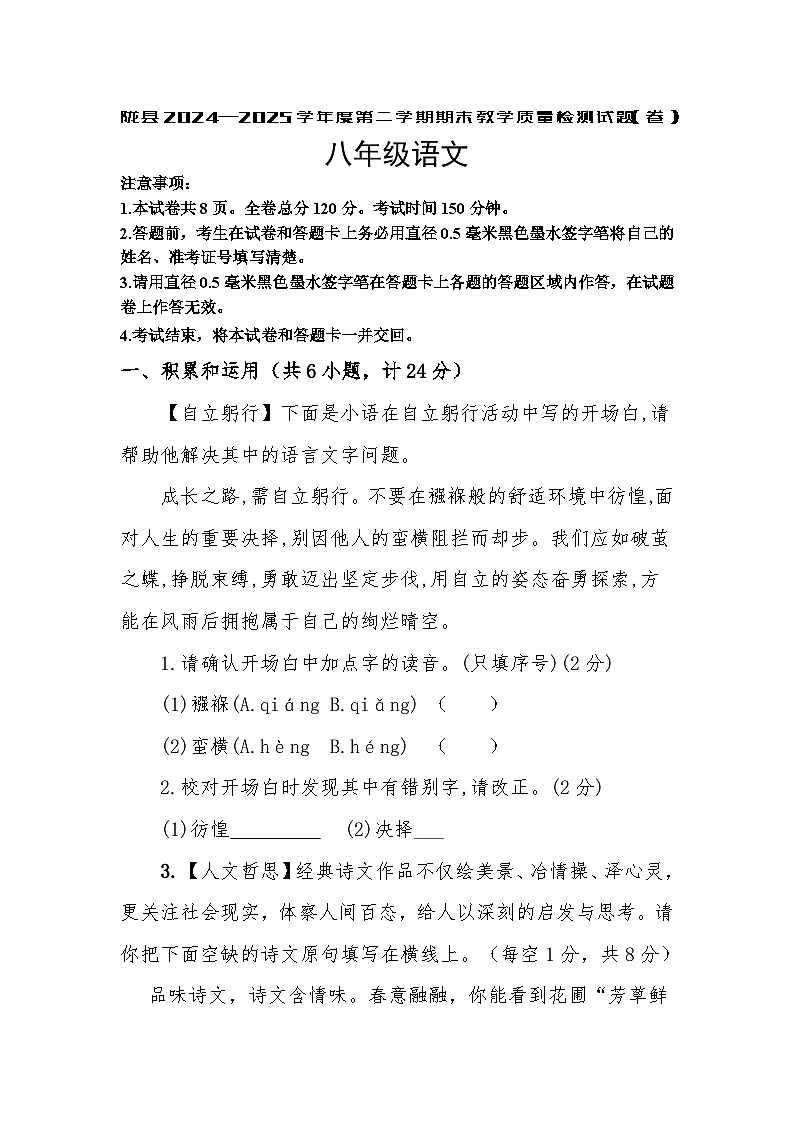 陕西省宝鸡市陇县2024-2025学年八年级下学期期末教学质量检测语文试卷第1页