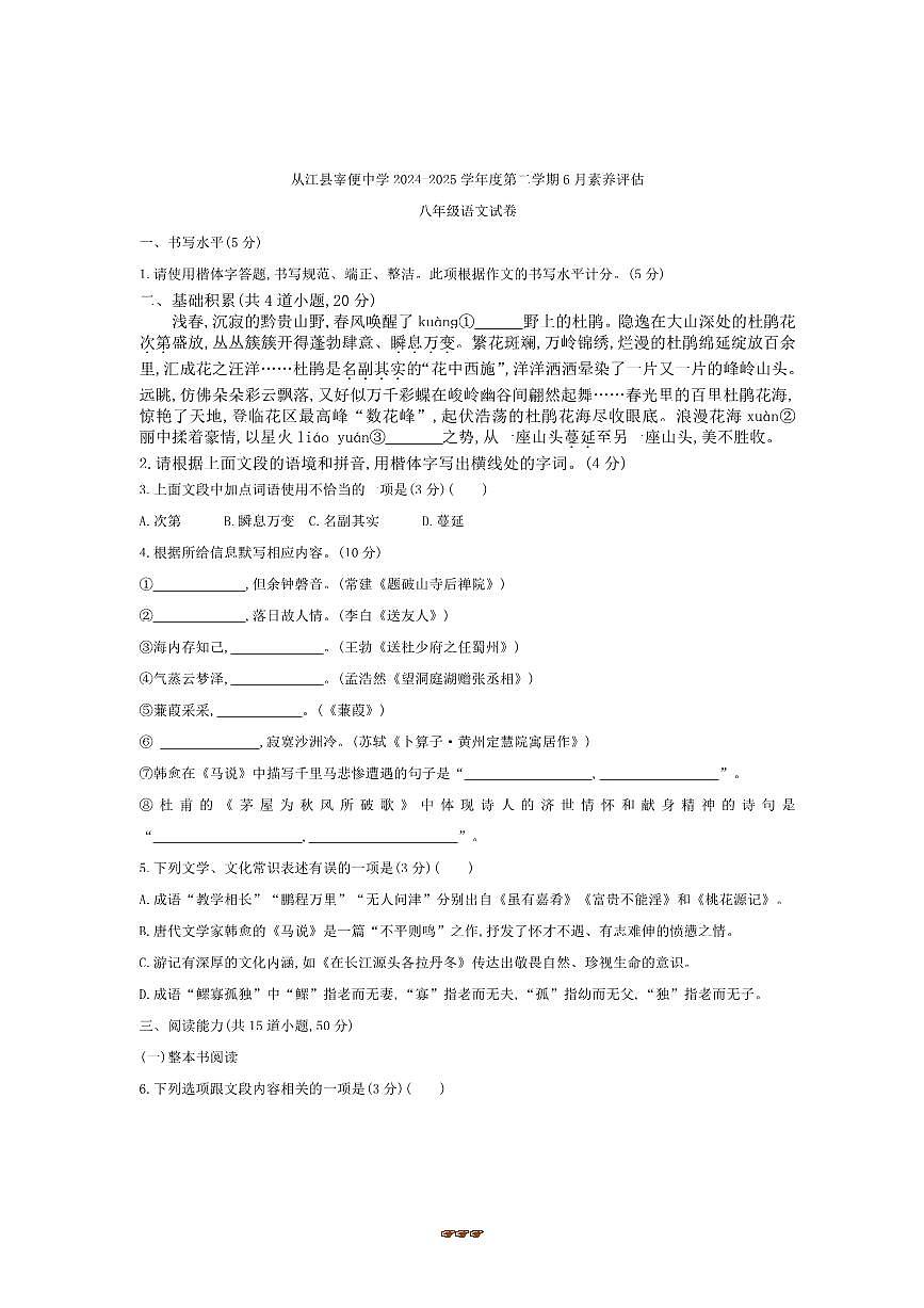 2024～2025学年贵州省黔东南州从江县宰便中学八年级下6月素养评估语文试卷(含答案)第1页