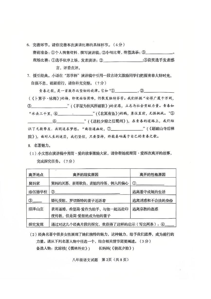 山东省淄博市桓台县2024-2025学年八年级（五四学制）下学期期末考试语文试卷（pdf版，含答案）第2页