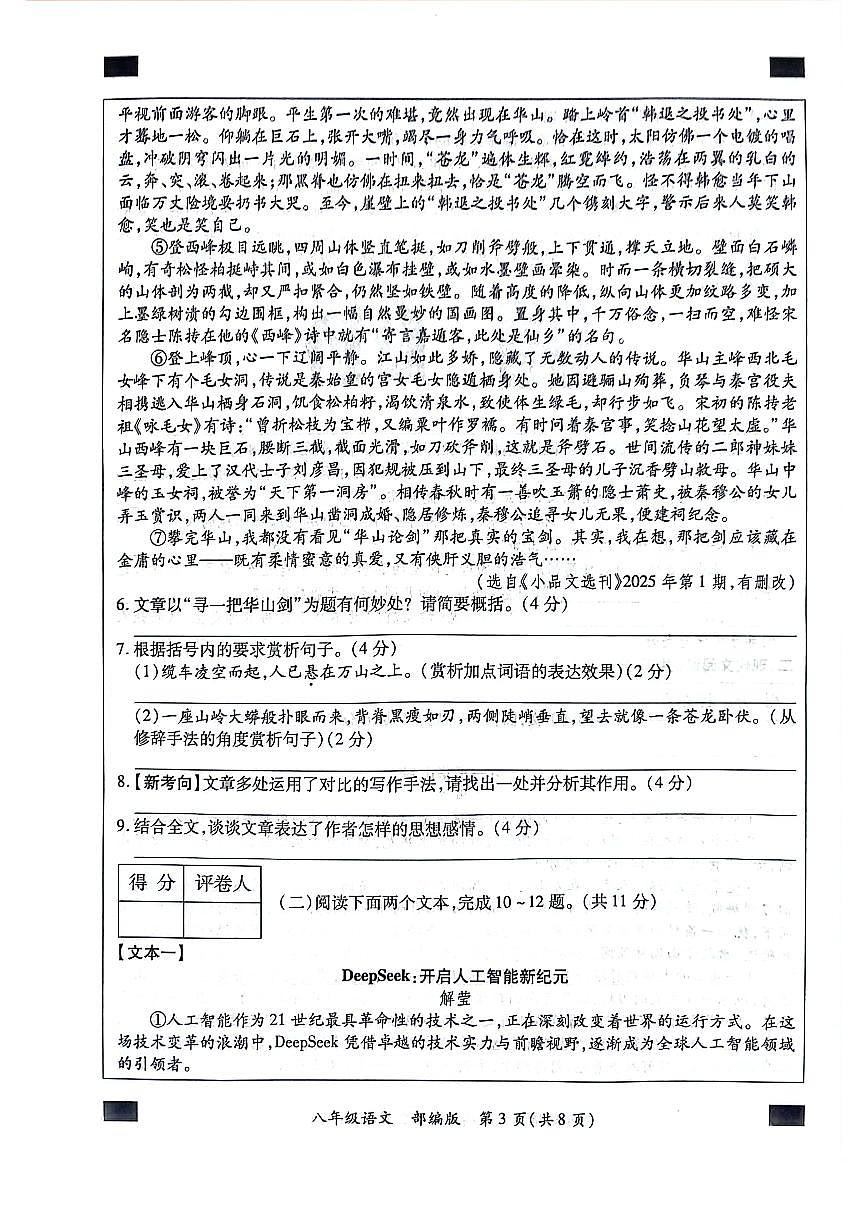 河南省安阳市安阳县2024-2025学年八年级下学期6月期末考试语文试卷第3页