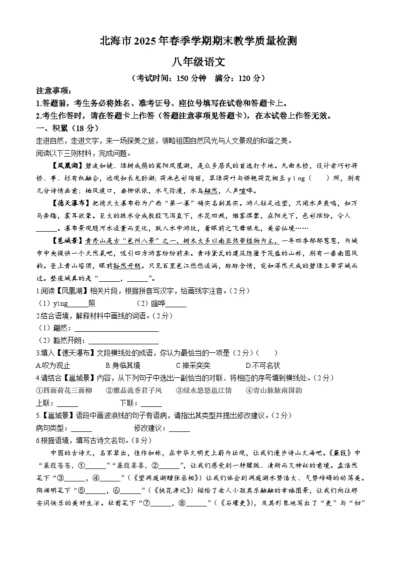 广西壮族自治区北海市2024-2025学年八年级下学期期末语文试题（含答案）第1页
