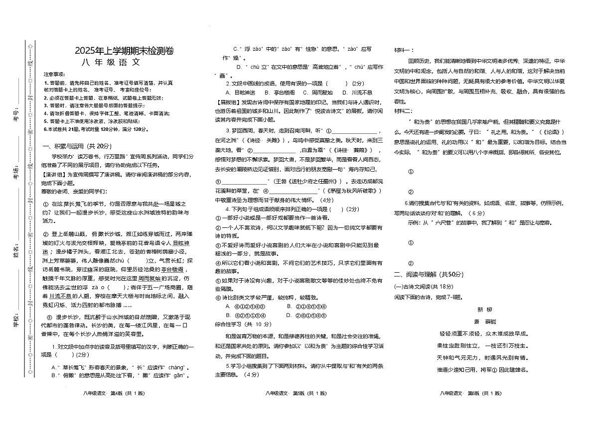 湖南省长沙市湖南师大附中特立学校2024-2025学年八年级下学期期末考试语文试题第1页
