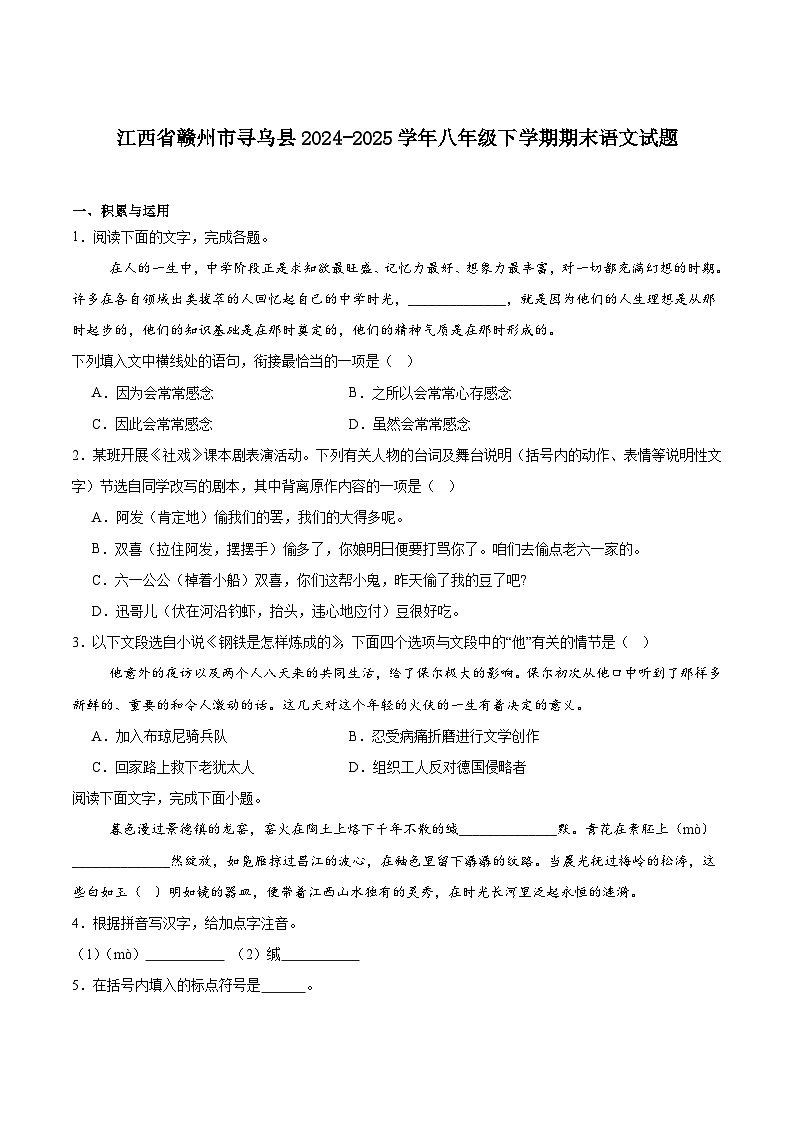 江西省赣州市寻乌县2024-2025学年八年级下学期期末考试语文试卷第1页