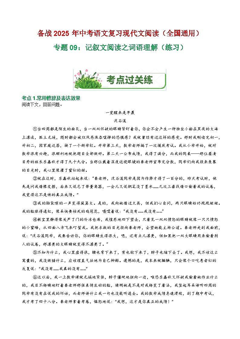 第1部分 专题09：记叙文阅读之词语理解（练习）-2025年中考语文复习 现代文阅读（全国通用）（教师版）第1页