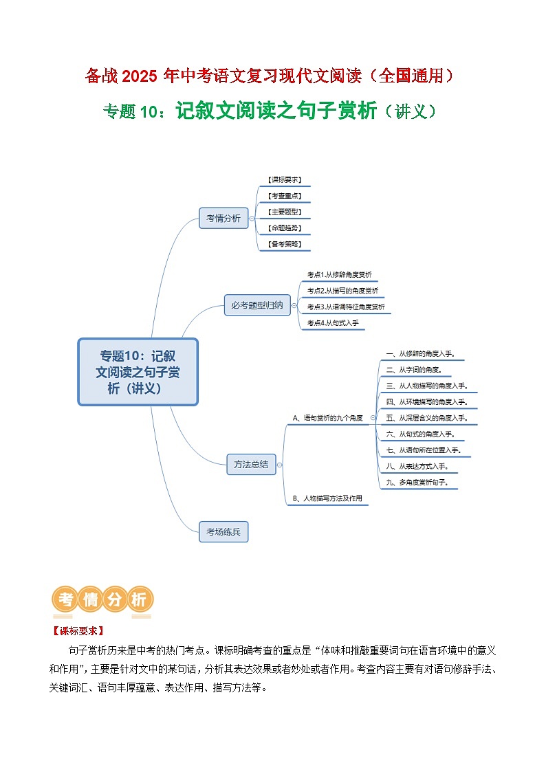 第1部分 专题10：记叙文阅读之句子赏析（讲义）-2025年中考语文复习 现代文阅读（全国通用）（教师版）第1页