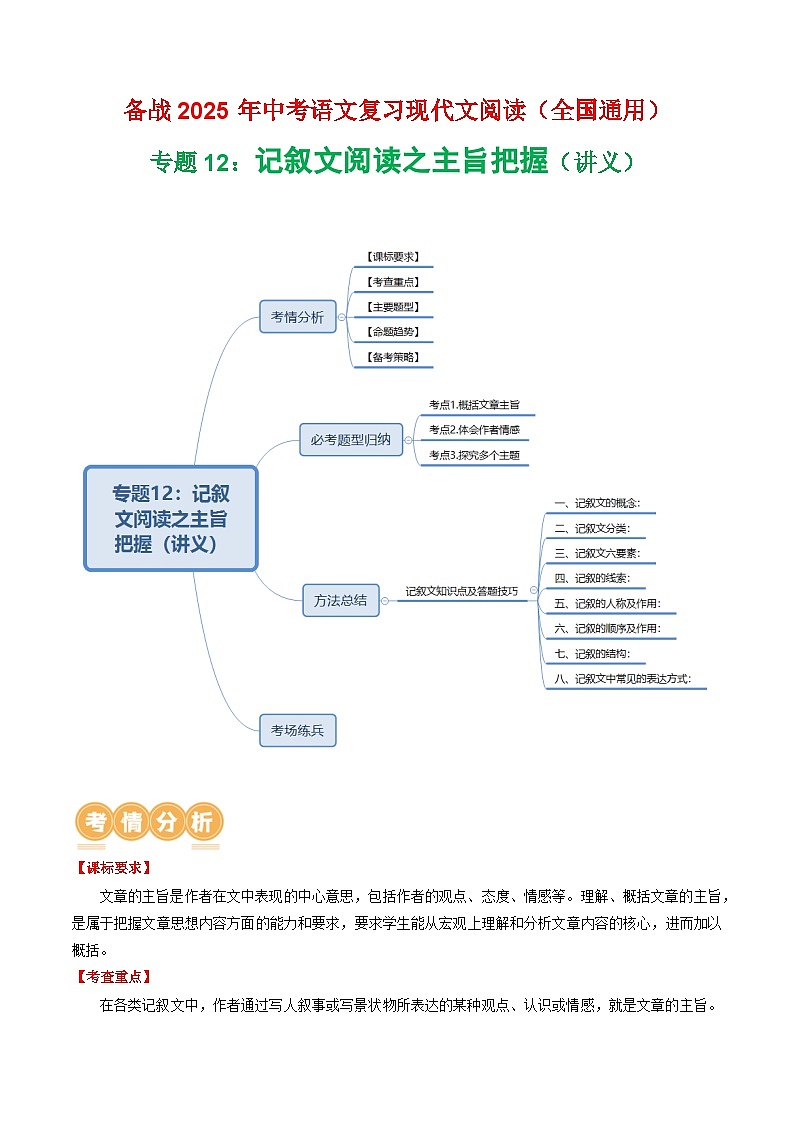 第1部分 专题12：记叙文阅读之主旨把握（讲义）-2025年中考语文复习 现代文阅读（全国通用）（教师版）第1页