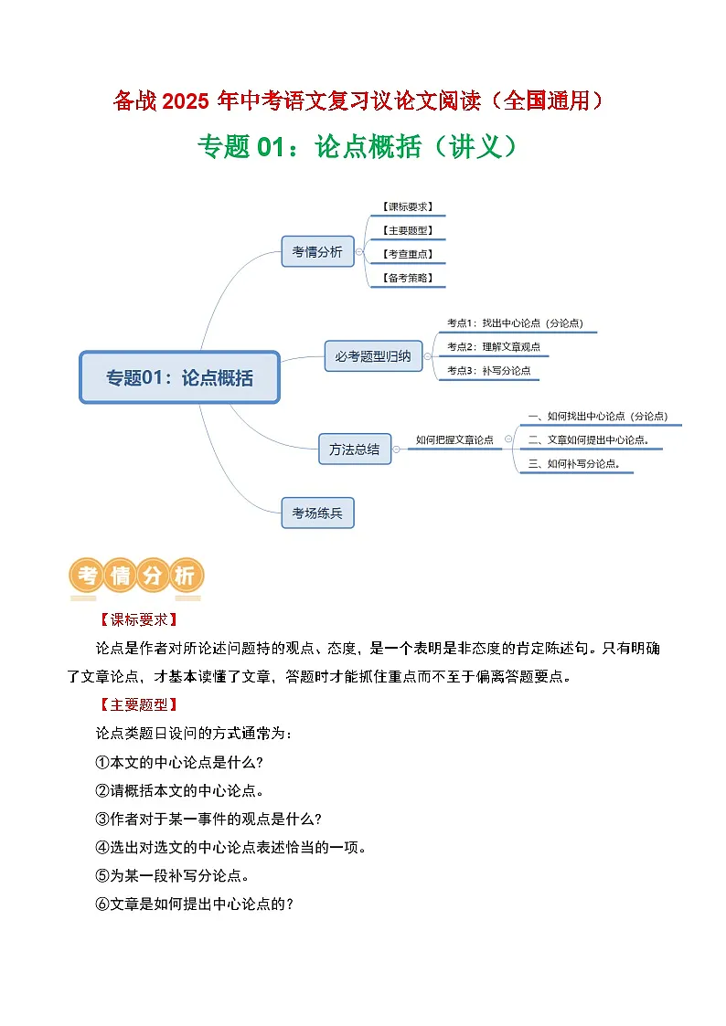第3部分 专题01：论点概括（讲义）-2025年中考语文复习 现代文阅读（全国通用）（教师版）第1页