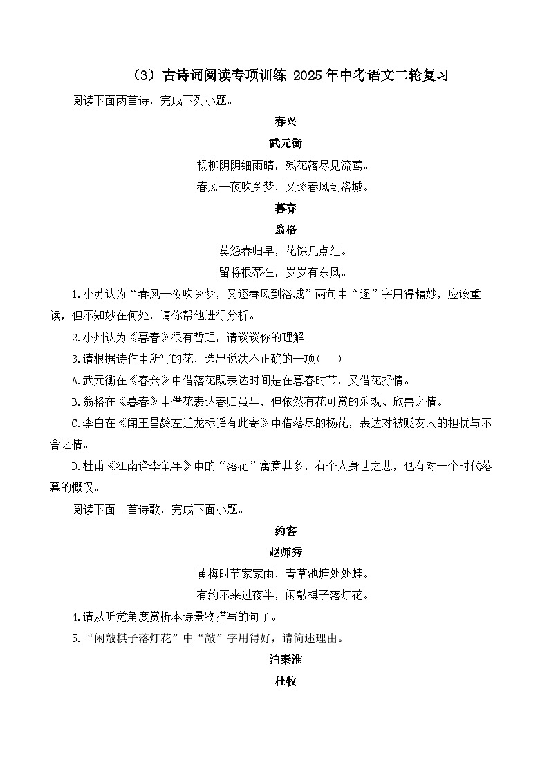 （3）古诗词阅读专项训练 2025年中考语文二轮复习（含解析）第1页