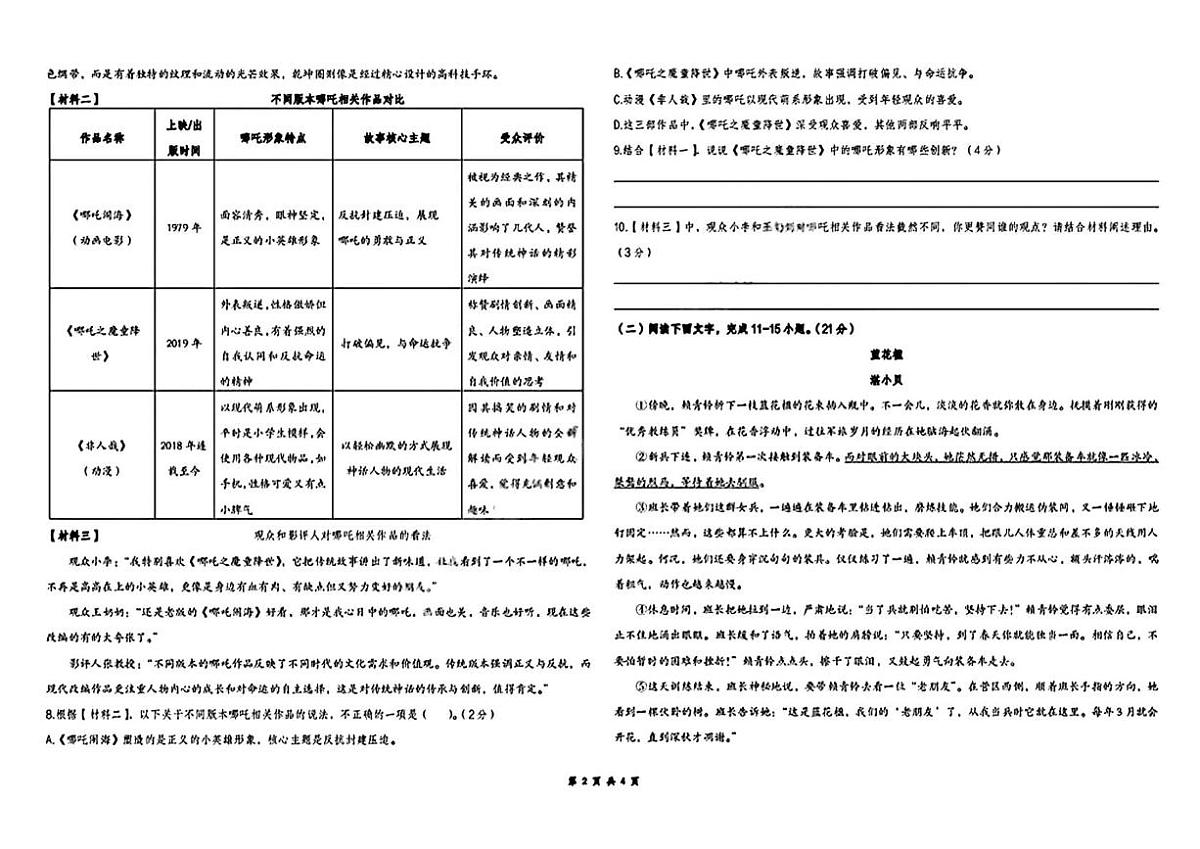 陕西省西安市西光中学2024-2025学年七年级下学期期末考试语文试题第2页