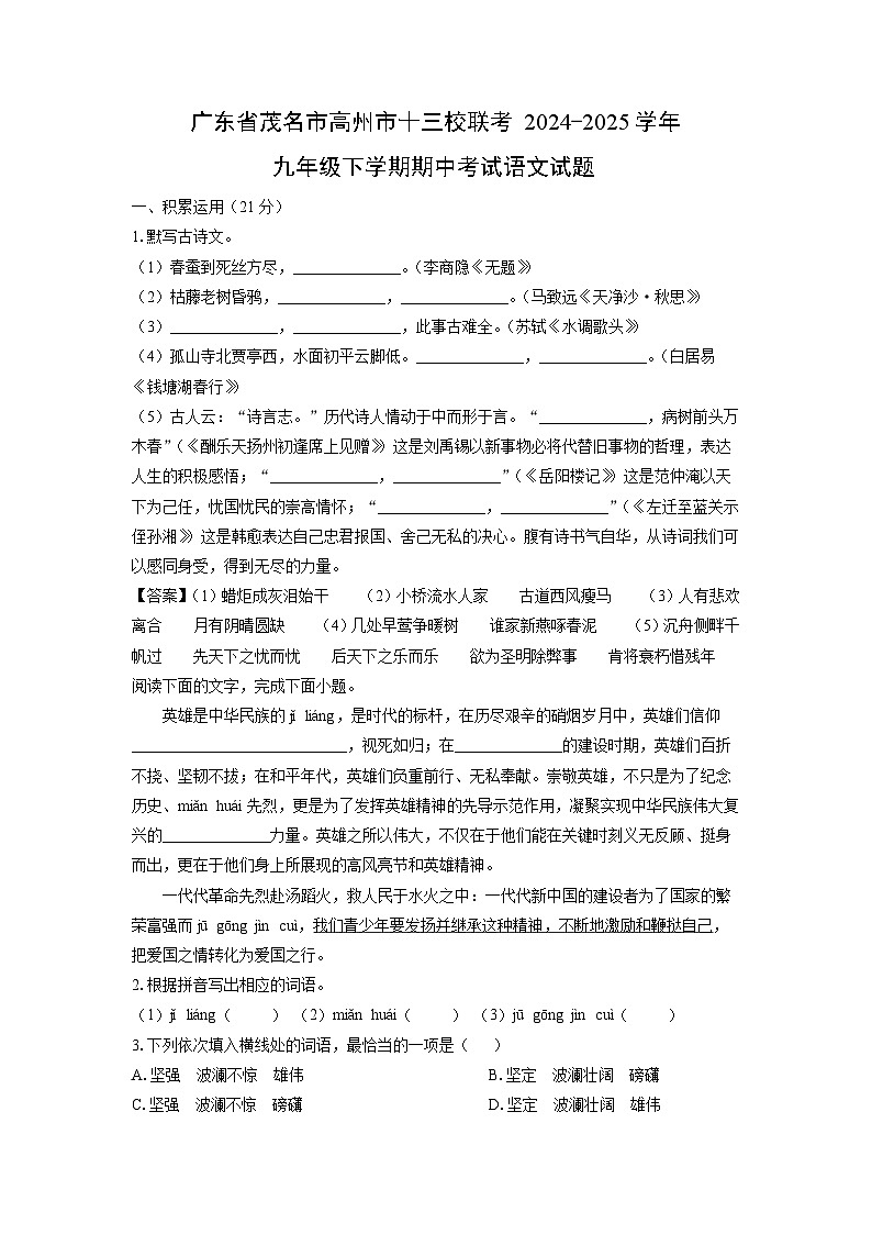 【语文】广东省茂名市高州市十三校联考2024-2025学年九年级下学期期中考试试题（解析版）第1页