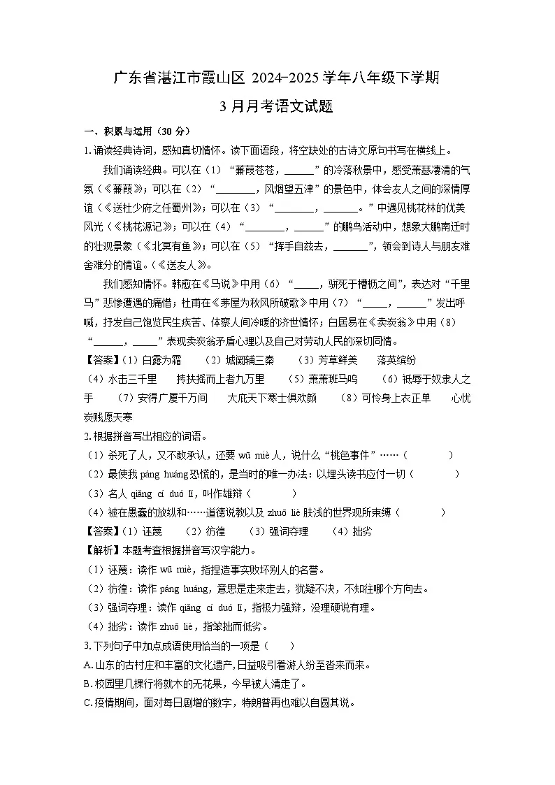 广东省湛江市霞山区2024-2025学年八年级下学期3月月考语文试卷（解析版）第1页