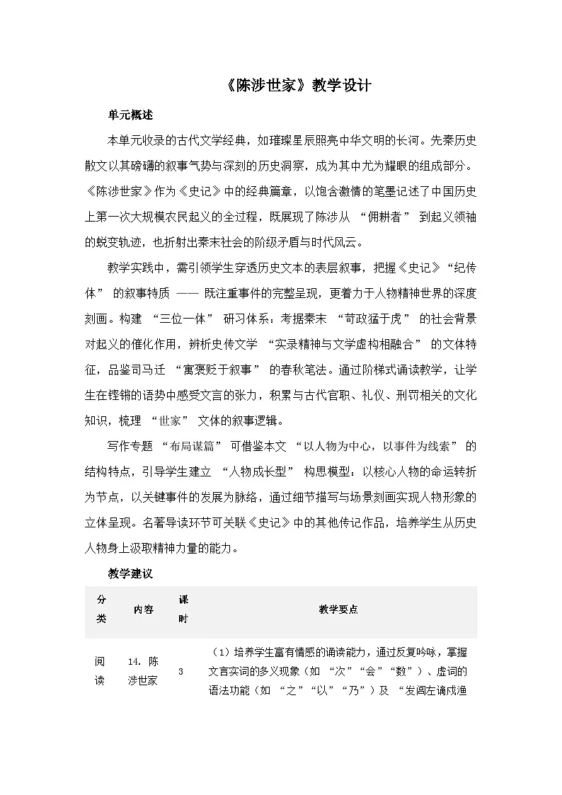 第22课《陈涉世家》教学设计统编版语文九年级下册第1页