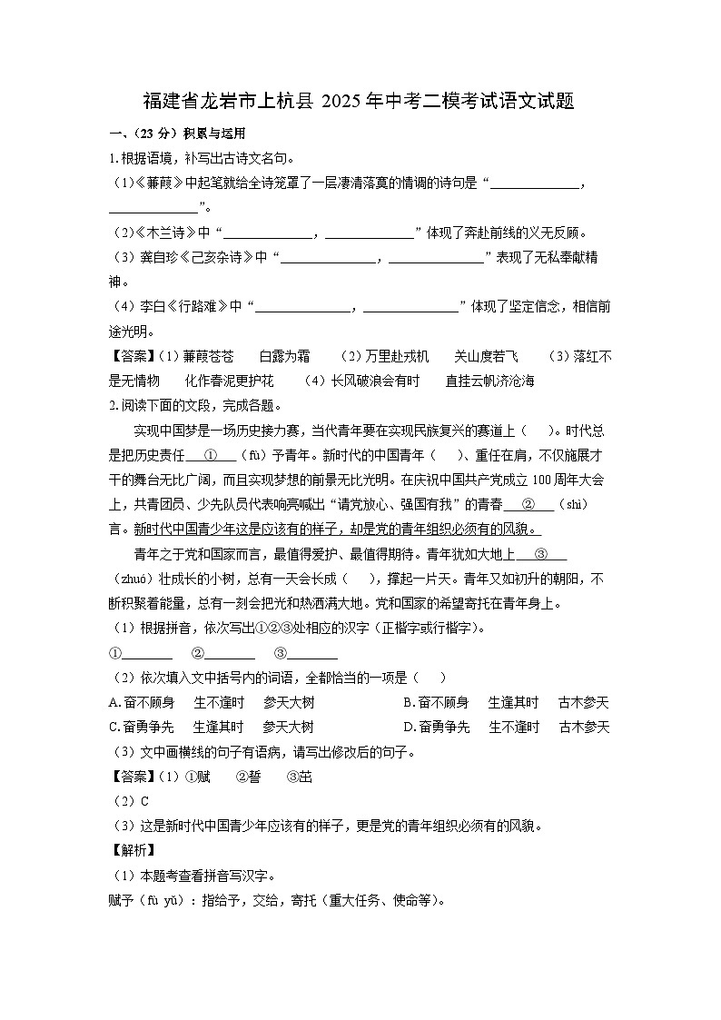 福建省龙岩市上杭县2025年中考二模[中考模拟]考试语文试卷（解析版）第1页