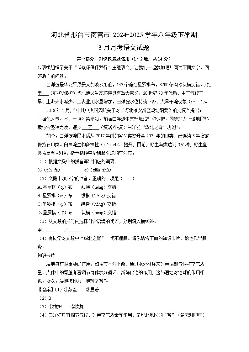 河北省邢台市南宫市2024-2025学年八年级下学期下6月月考语文试卷（解析版）第1页