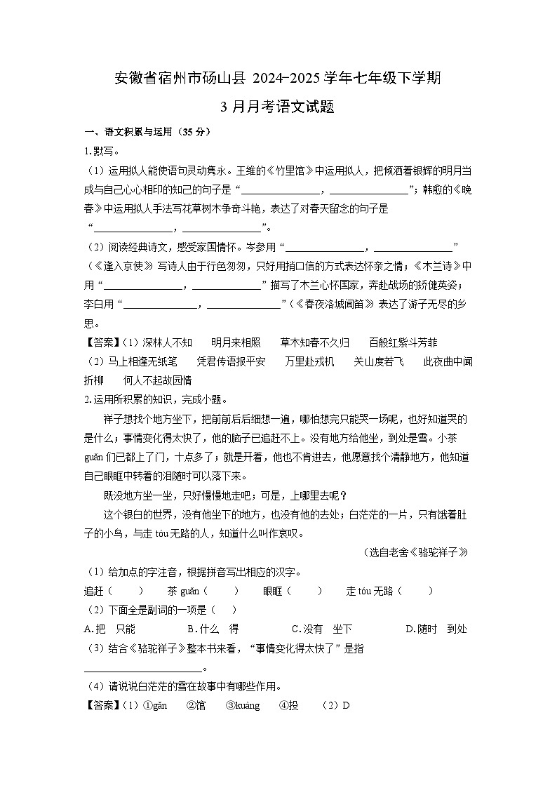 安徽省宿州市砀山县2024-2025学年七年级下学期下6月月考语文试卷（解析版）第1页