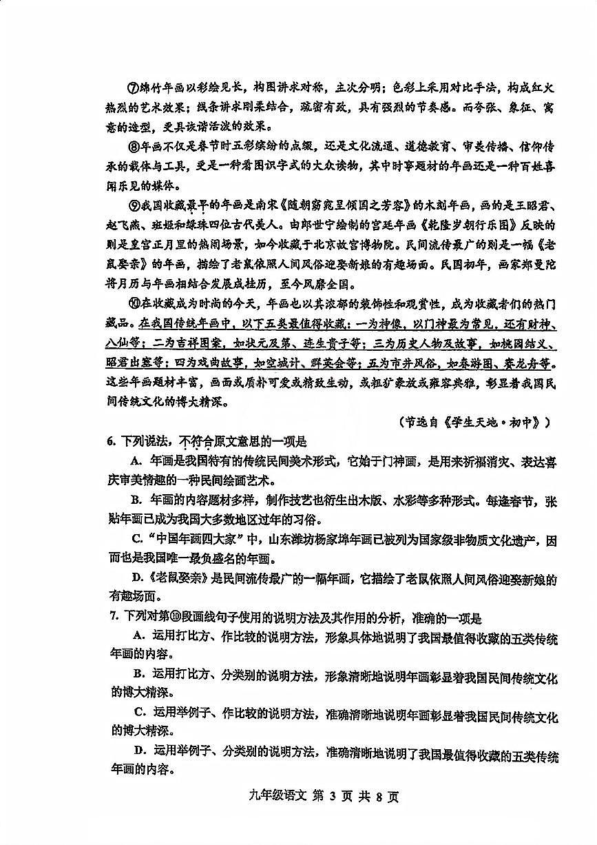 2025年天津市红桥区九年级中考模拟语文试题第3页