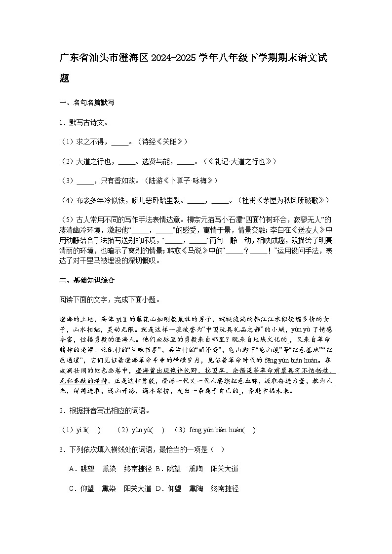 广东省汕头市澄海区2024-2025学年八年级下学期期末语文试题（含答案）第1页