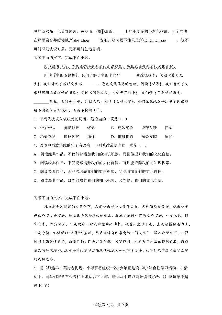 2024~2025学年广东省惠州市惠阳区永湖中学九年级上学期期末语文试卷第2页