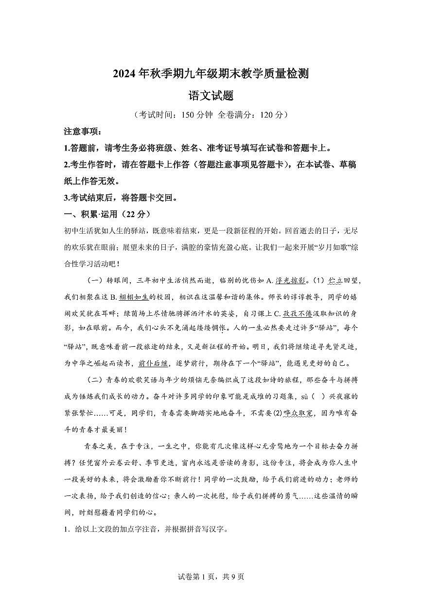 2024~2025学年广西壮族自治区贵港市桂平市九年级上学期期末语文试卷第1页