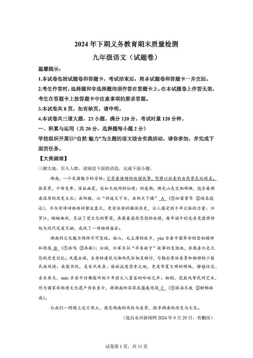 2024~2025学年湖南省永州市冷水滩区九年级上学期期末语文试卷第1页