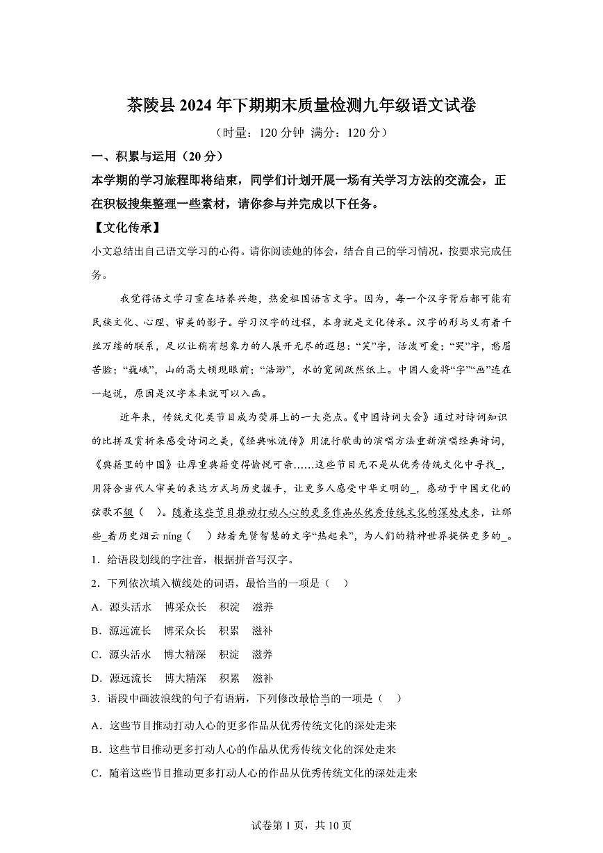 2024~2025学年湖南省株洲市茶陵县九年级上学期期末语文试卷第1页