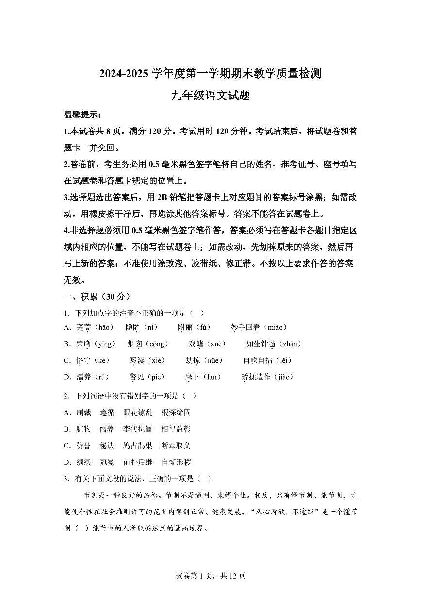 2024~2025学年山东省滨州市惠民县九年级上学期期末语文试卷第1页