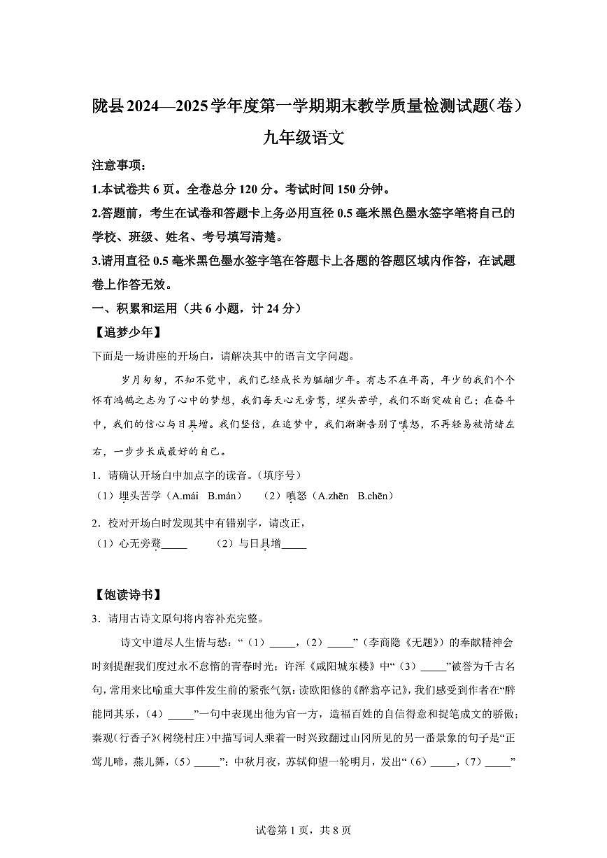 2024~2025学年陕西省宝鸡市陇县九年级上学期期末语文试卷第1页