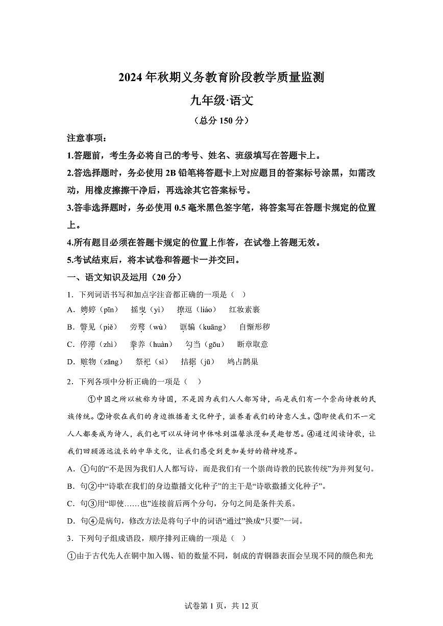 2024~2025学年四川省宜宾市九年级上学期期末语文试卷第1页