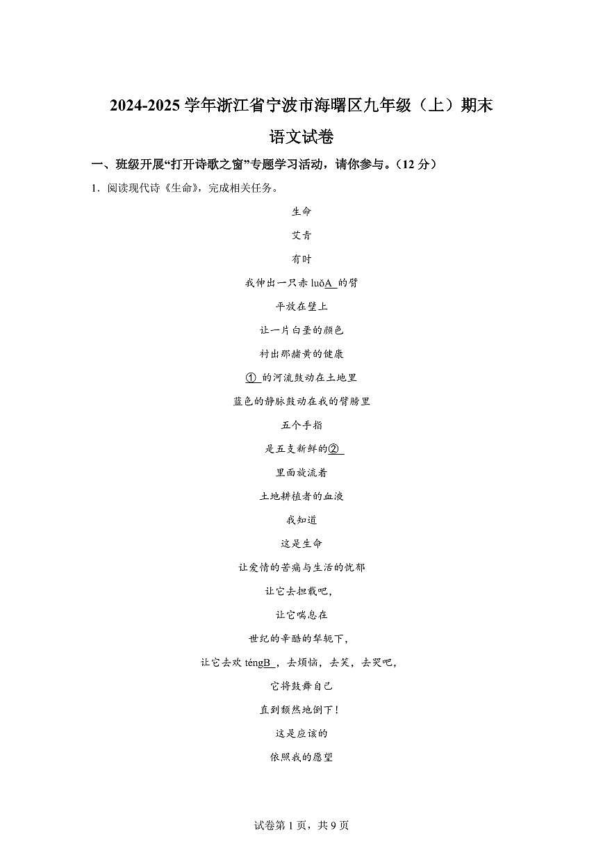 2024~2025学年浙江省宁波市海曙区九年级上学期期末语文试卷第1页