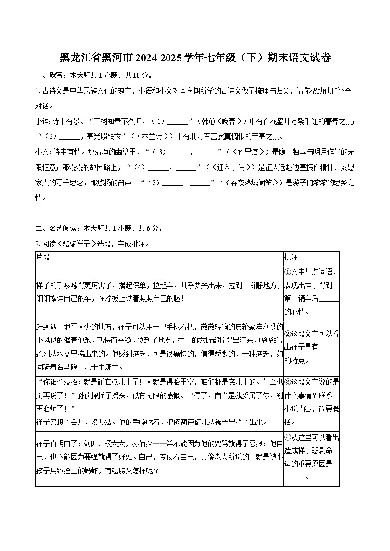 黑龙江省黑河市2024-2025学年七年级（下）期末语文试题（含答案）第1页