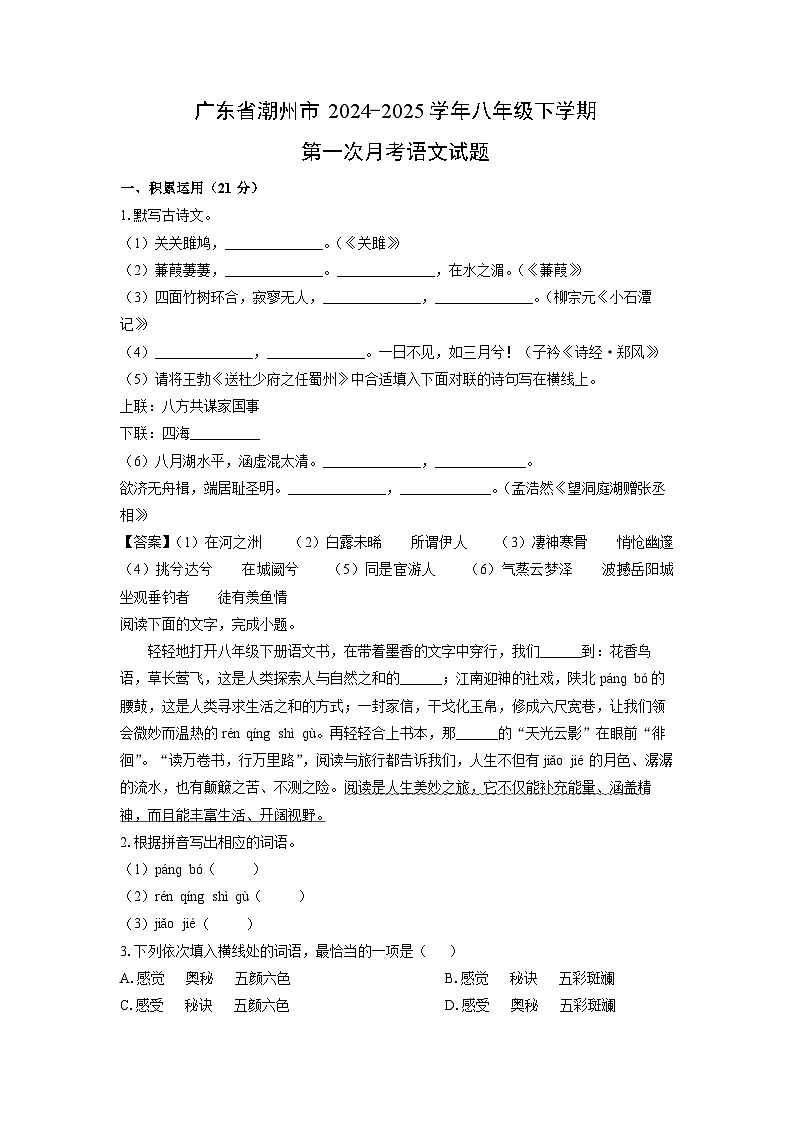 广东省潮州市2024-2025学年八年级下学期第一次月考语文试卷（解析版）第1页