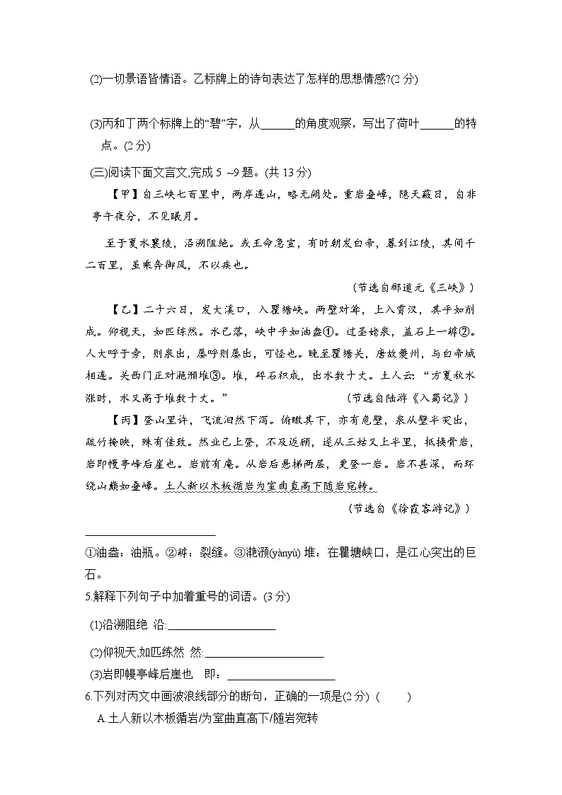 八年级语文上册 第二单元 单元测试卷（人教河北版 2024年秋）第3页