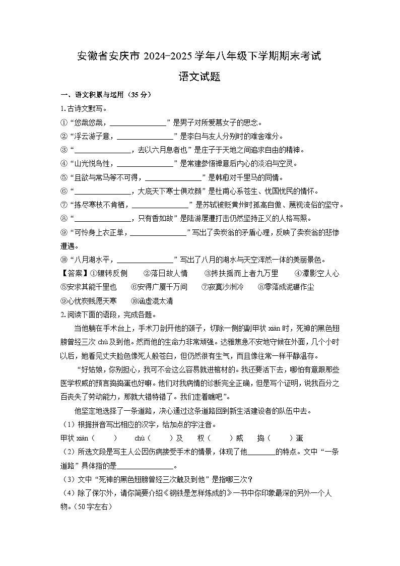 【语文】安徽省安庆市2024-2025学年八年级下学期期末考试试题（解析版）第1页