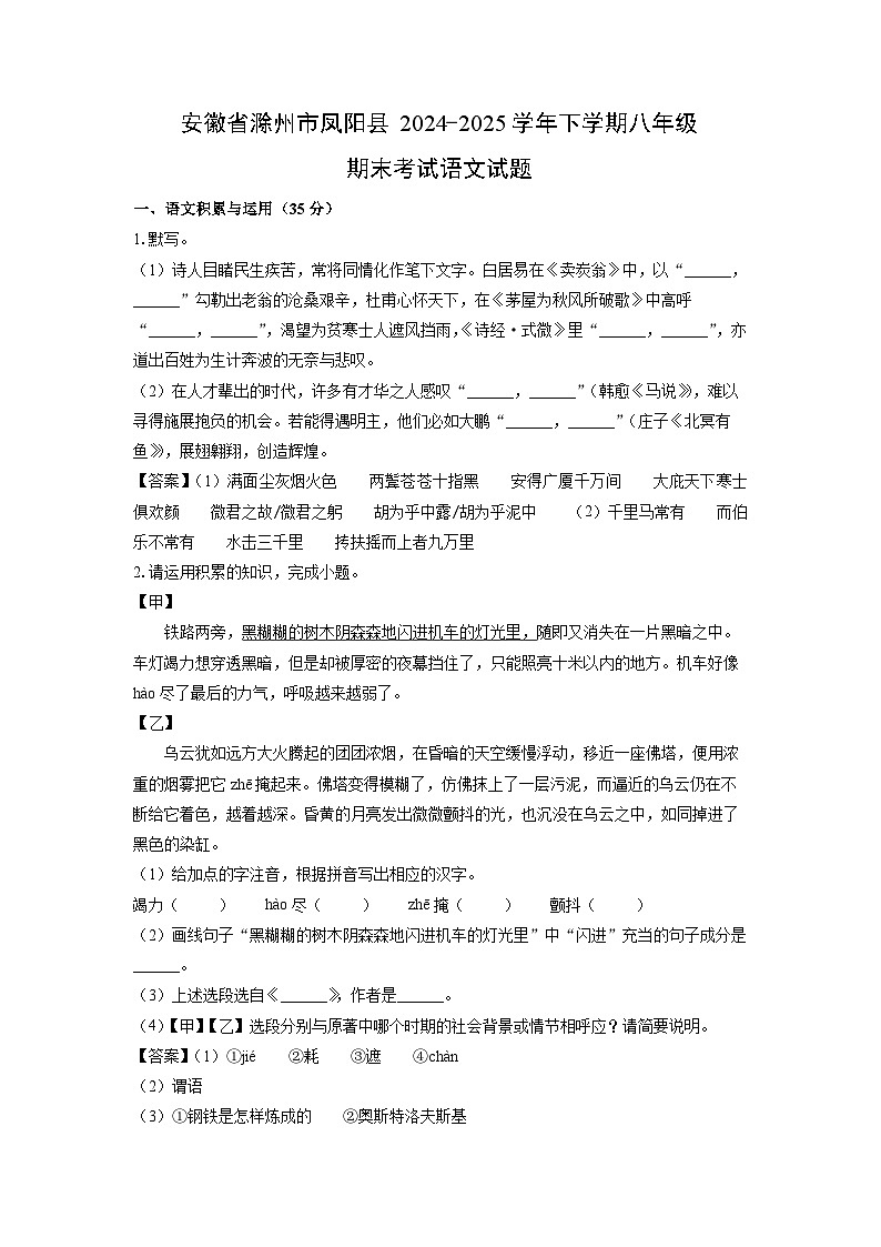【语文】安徽省滁州市凤阳县2024-2025学年下学期八年级期末考试试题（解析版）第1页